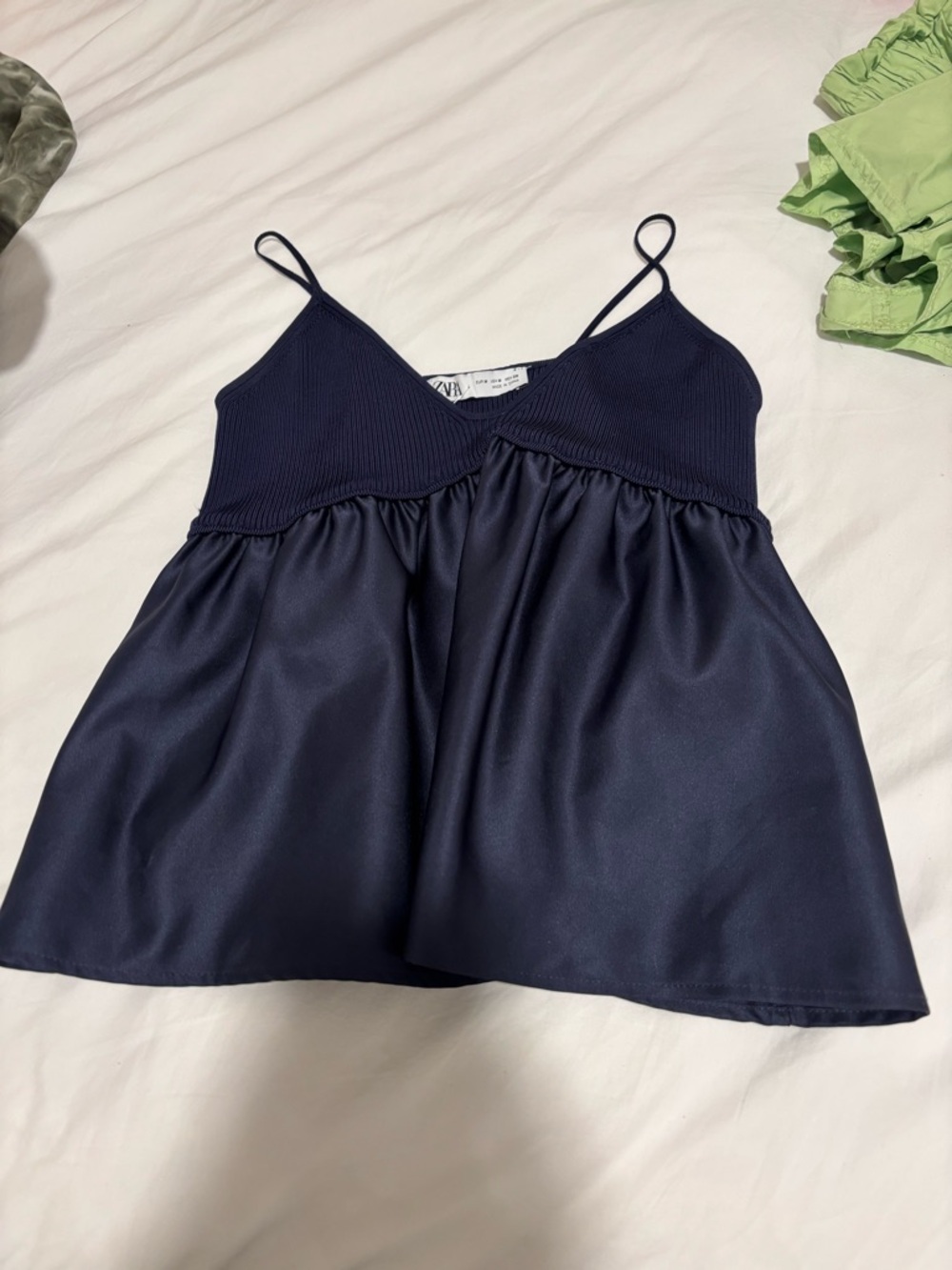 Zara Navy Blue Satin-Blend Spaghetti Strap Tank Top